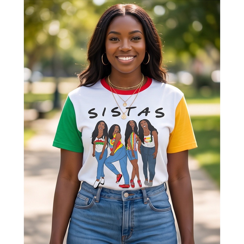 On Fire‎ 1X Sistas Graphic Ringer Tee White Multi Color Plus Size Cotton